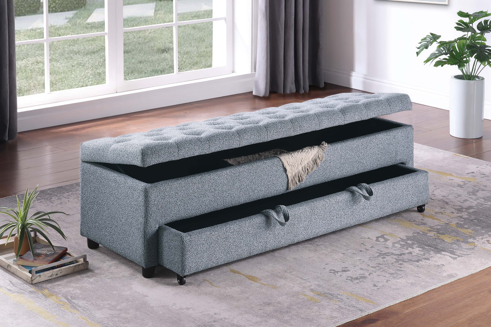 Contemporary Living Room Furniture Ottoman w Storage And Under seat Drawer Gray Color 1pc Ottoman Tufted Seat Boucle