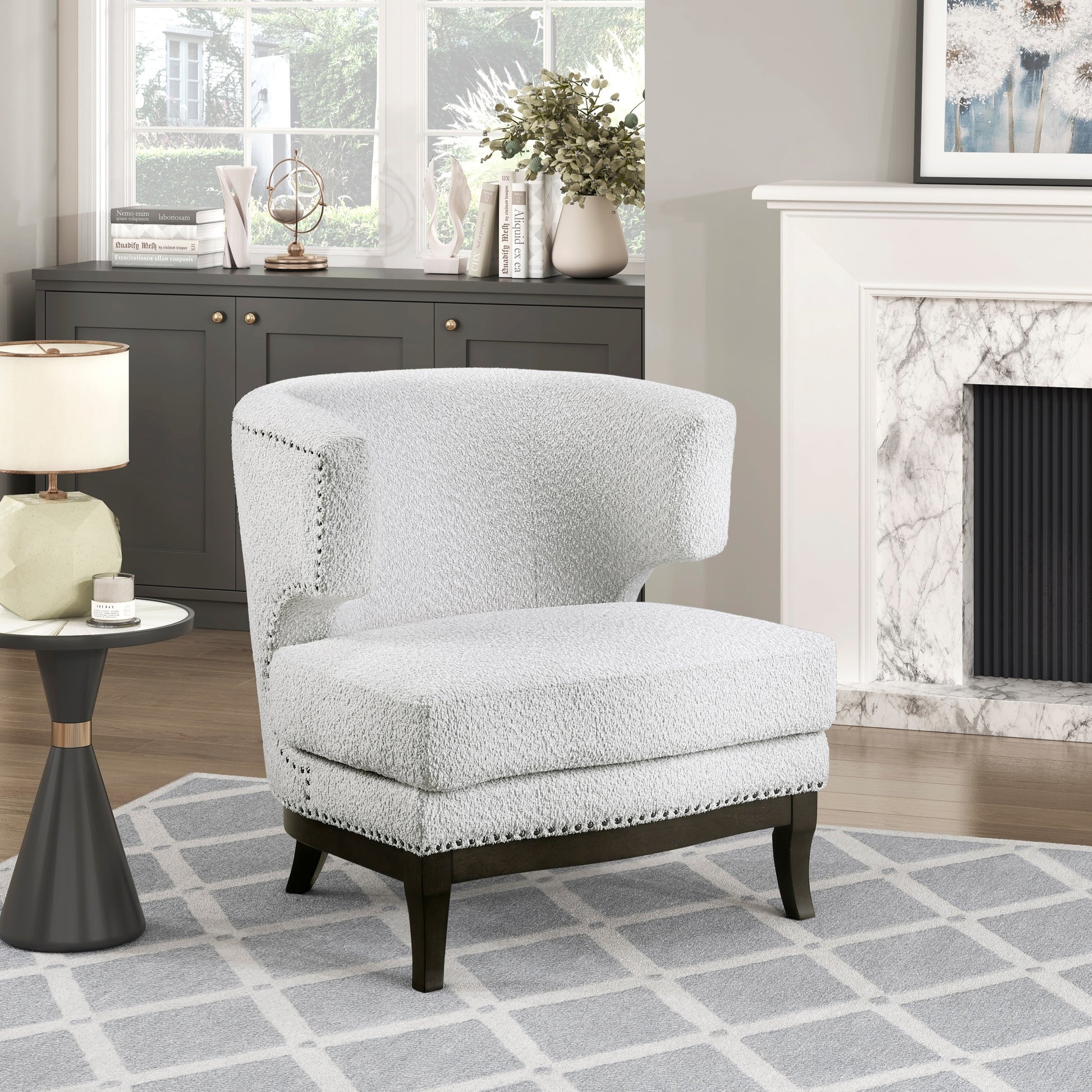 Contemporary Accent Chair Gray Boucle Fabric Upholstered Nailhead Trim Plywood Elegant Style Furniture 1pc Unique Barrel Back