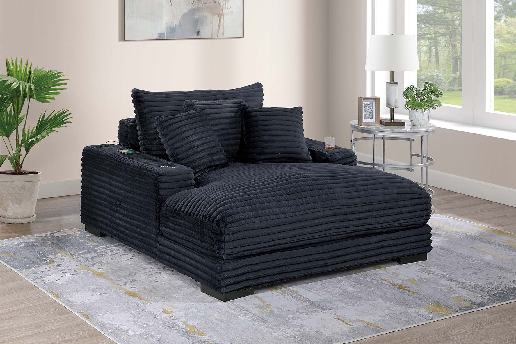 Modern Chaise Lounge w 2/ Cup Holders USB Ports Black Corduroy Wooden Legs Pillows Plush Couch Sofa Chaise