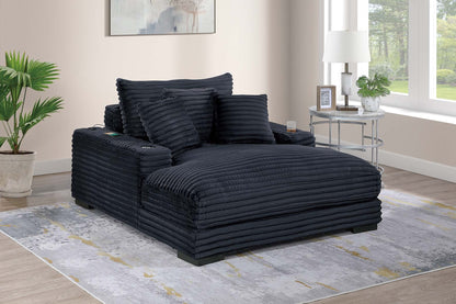 Modern Chaise Lounge w 2/ Cup Holders USB Ports Black Corduroy Wooden Legs Pillows Plush Couch Sofa Chaise