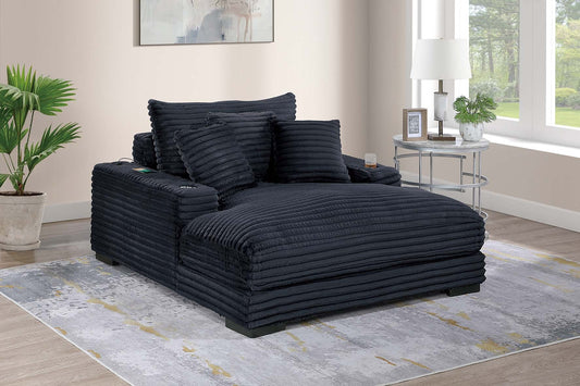 Modern Chaise Lounge w 2/ Cup Holders USB Ports Black Corduroy Wooden Legs Pillows Plush Couch Sofa Chaise