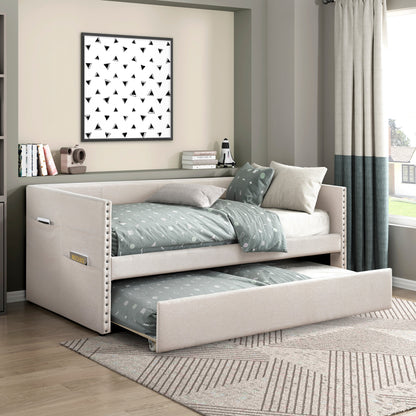 Modern Daybed Pull-out Trundle Side Pockets Beige Upholstery Nailhead Trim Bedroom Living Room Furniture 1pc