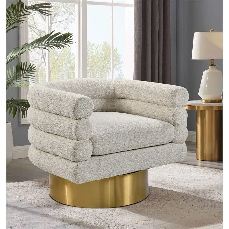 Modern Boucle Fabric Swivel Accent Chair, Unique Barrel Back Design, Gold Metal Base, Soft Upholstered Armchair, Cream