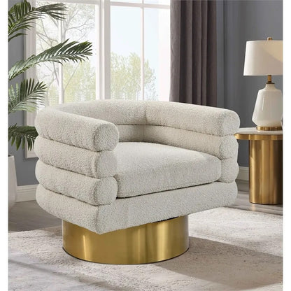 Modern Boucle Fabric Swivel Accent Chair, Unique Barrel Back Design, Gold Metal Base, Soft Upholstered Armchair, Cream
