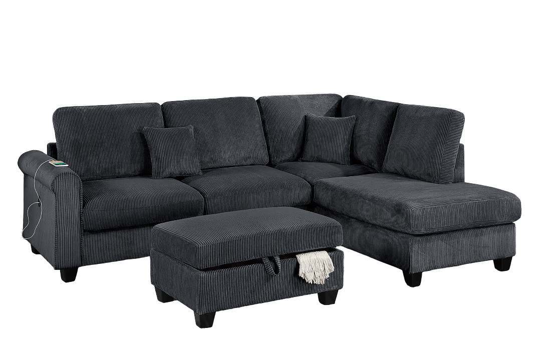 Black Corduroy 3 Seat Sectional Sofa with Storage Ottoman for Living Room