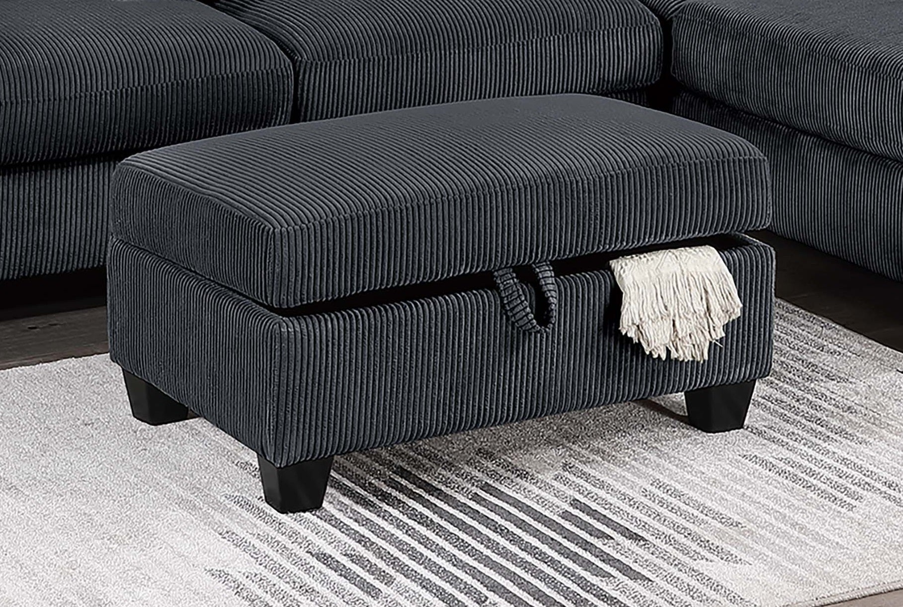 Black Corduroy 3 Seat Sectional Sofa with Storage Ottoman for Living Room