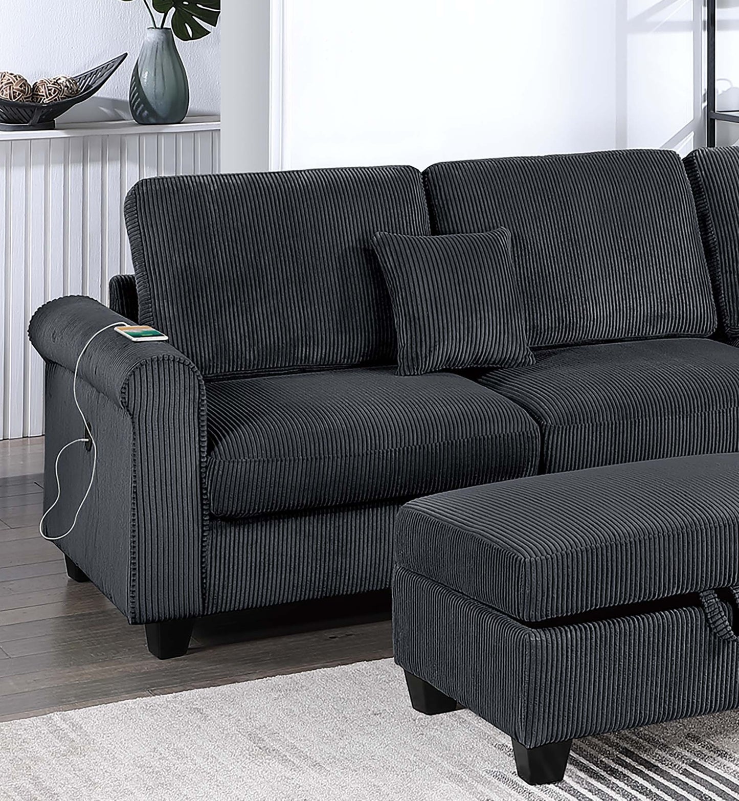 Black Corduroy 3 Seat Sectional Sofa with Storage Ottoman for Living Room