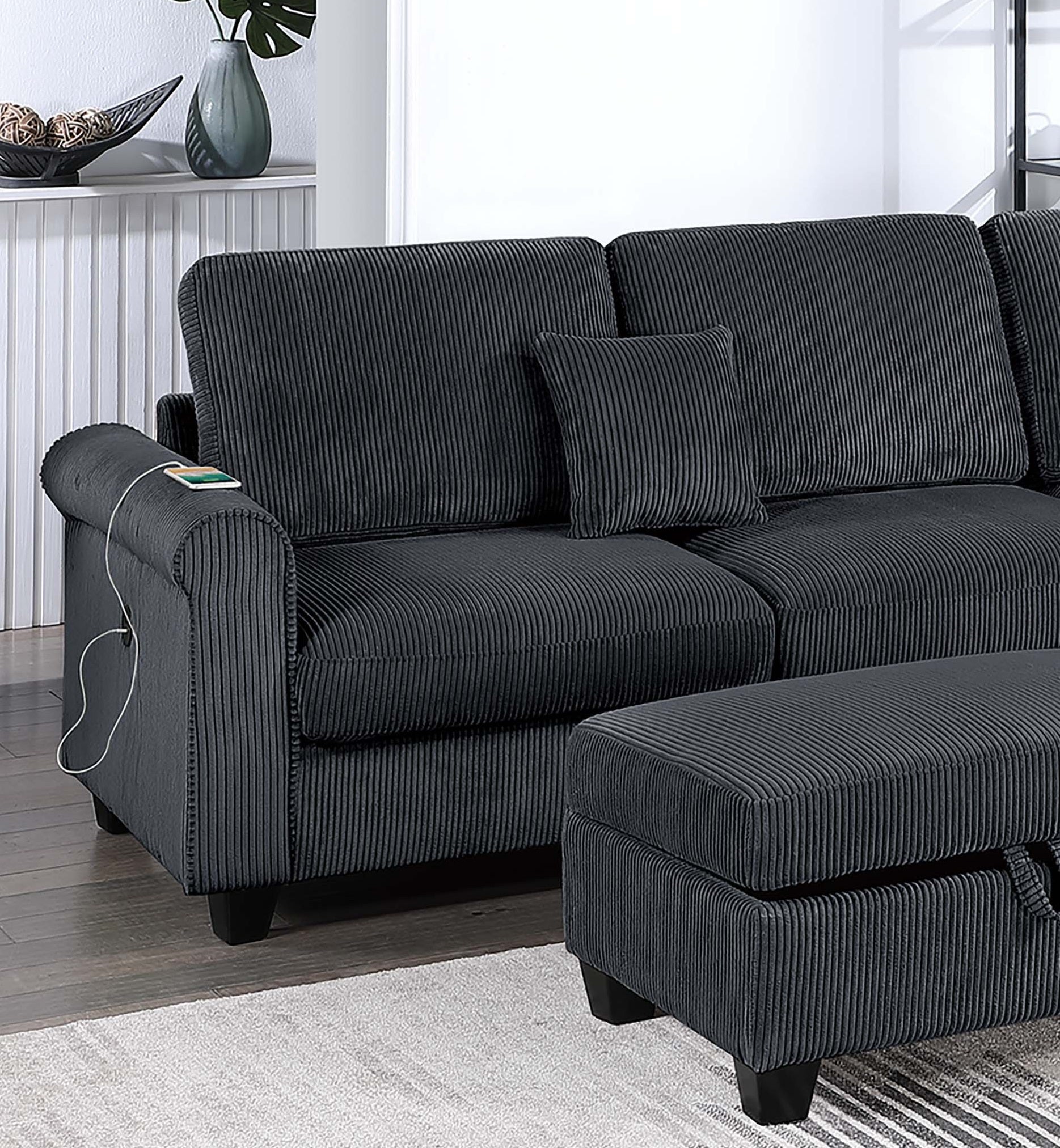 Black Corduroy 3 Seat Sectional Sofa with Storage Ottoman for Living Room