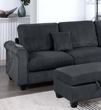 Black Corduroy 3 Seat Sectional Sofa with Storage Ottoman for Living Room