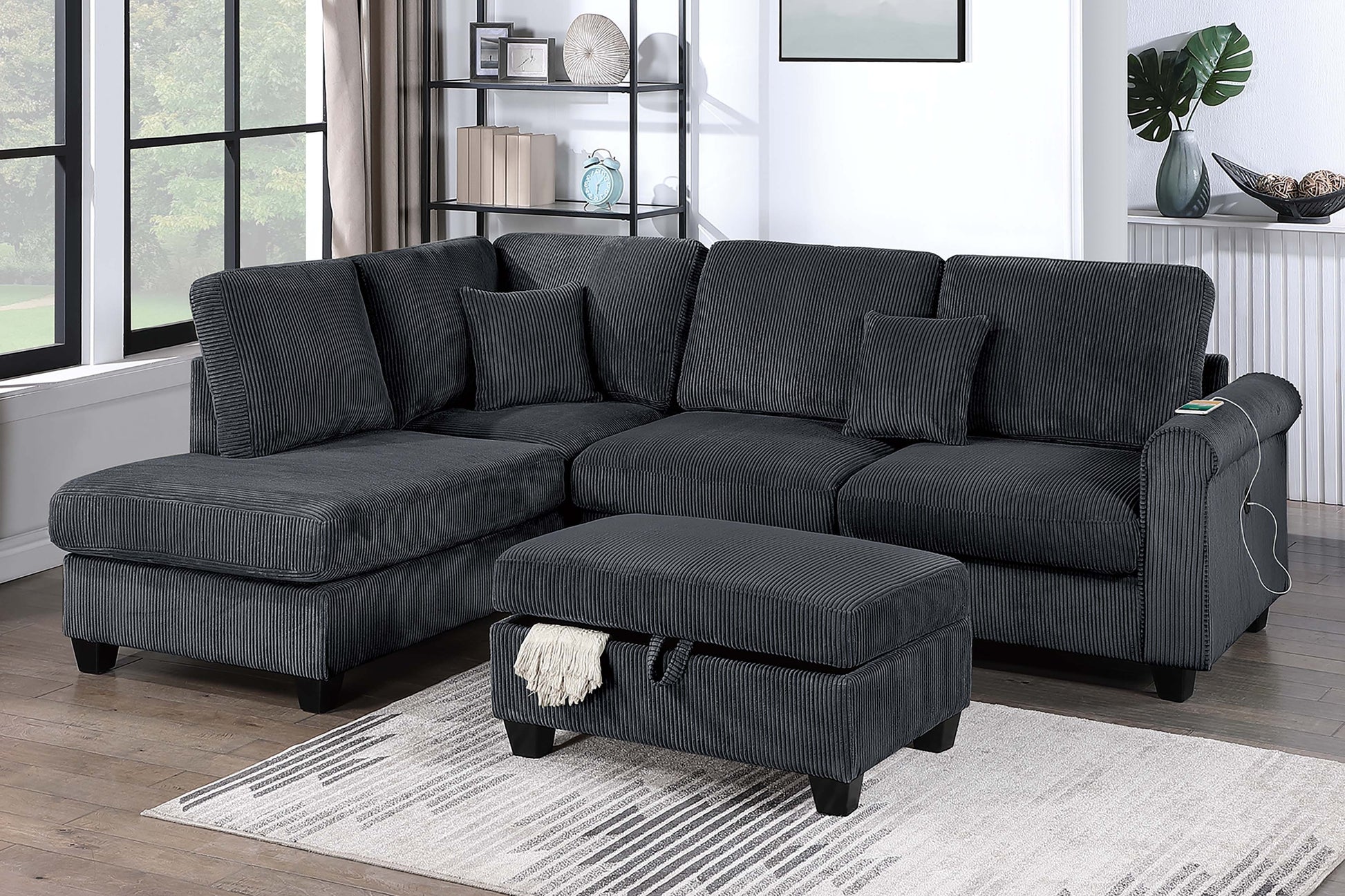 Black Corduroy 3 Seat Sectional Sofa with Storage Ottoman for Living Room