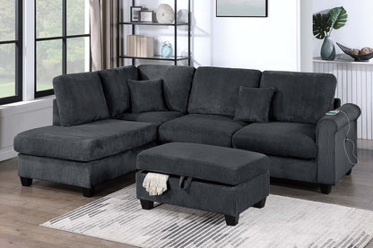 Black Corduroy 3 Seat Sectional Sofa with Storage Ottoman for Living Room