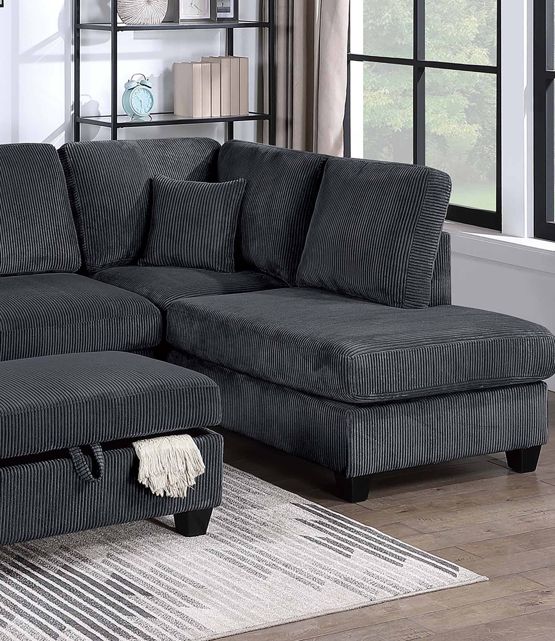 Black Corduroy 3 Seat Sectional Sofa with Storage Ottoman for Living Room