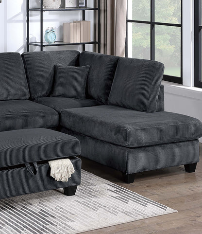 Black Corduroy 3 Seat Sectional Sofa with Storage Ottoman for Living Room
