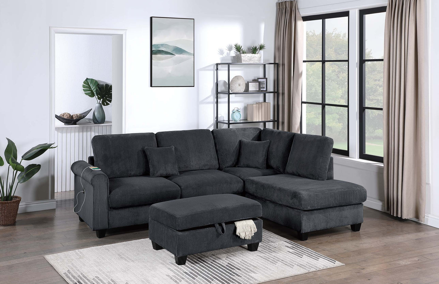 Black Corduroy 3 Seat Sectional Sofa with Storage Ottoman for Living Room