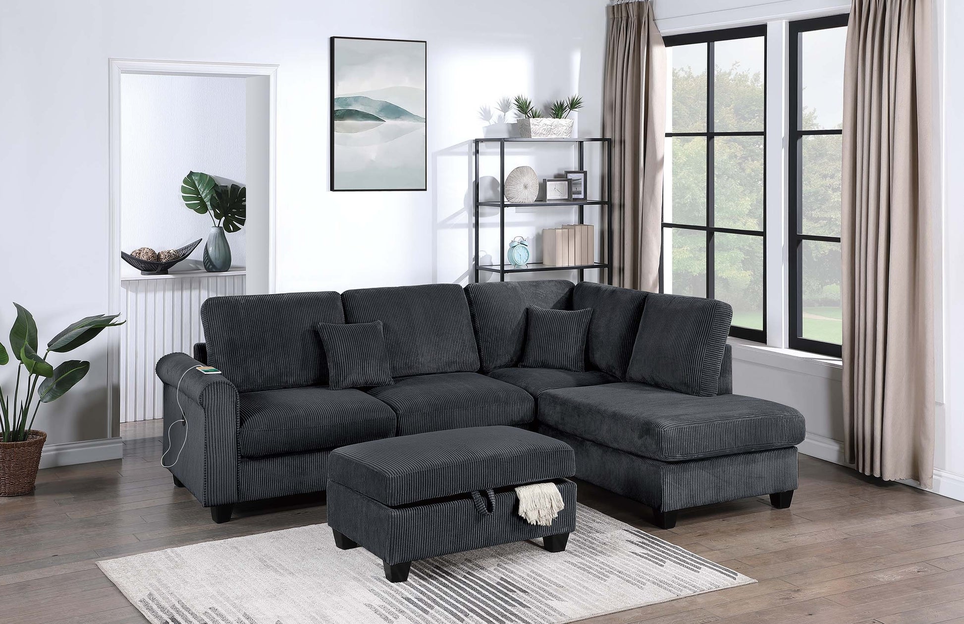 Black Corduroy 3 Seat Sectional Sofa with Storage Ottoman for Living Room