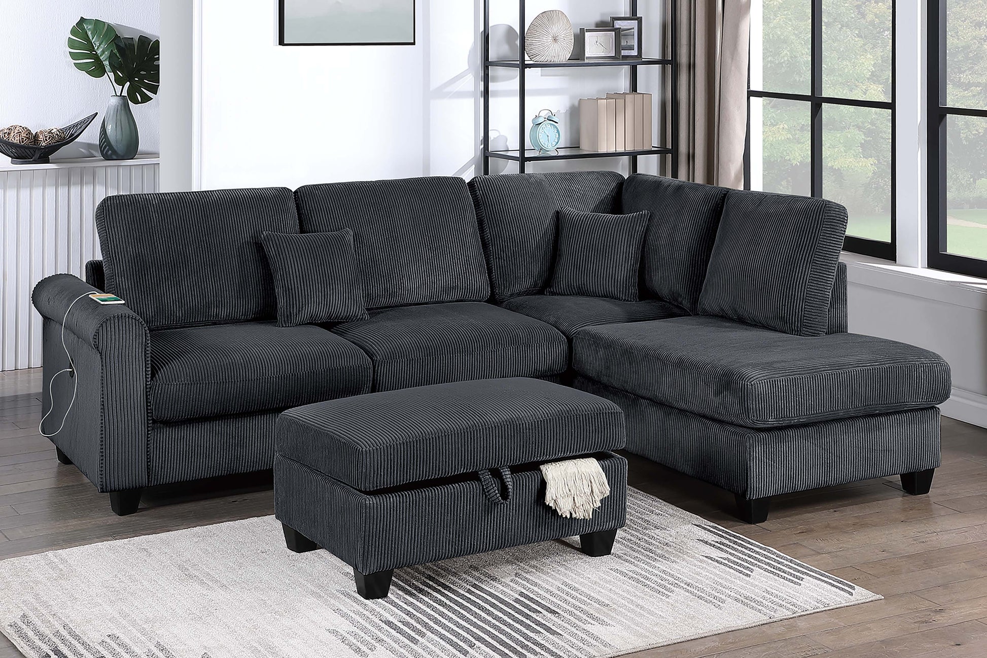 Contemporary Style 3pc Sectional Set Right Arm Chaise Left Arm Sofa w/ USB Port Storage Ottoman Throw Pillow Wooden Legs Black Finish Primary Living Room