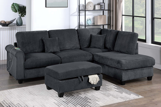 Contemporary Style 3pc Sectional Set Right Arm Chaise Left Arm Sofa w/ USB Port Storage Ottoman Throw Pillow Wooden Legs Black Finish Primary Living Room