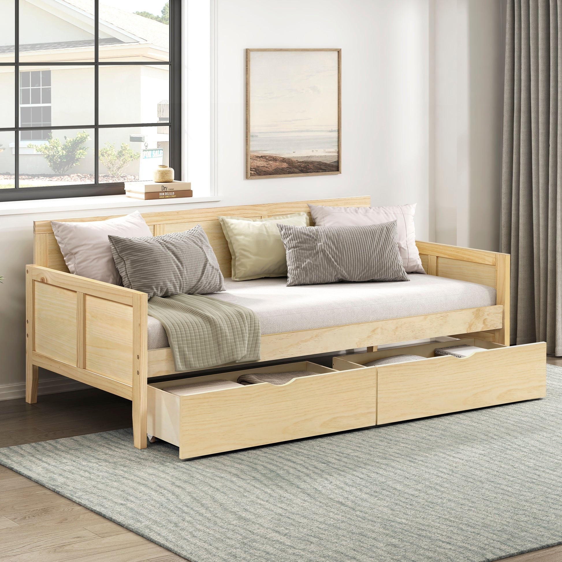 Daybed with Storage Boxes Natural Pine Finish Wooden Home Furniture 1pc Sofa Bed