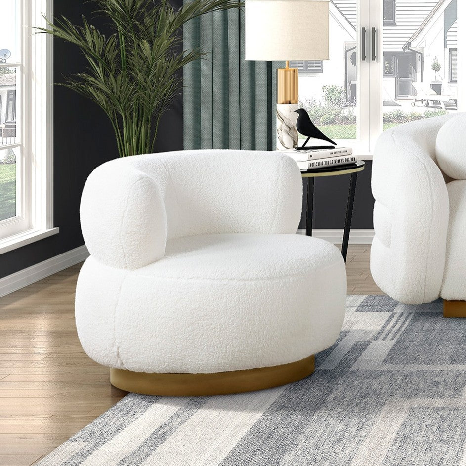 Luxurious Living Room Round Chair with Swivel Motion Soft White Fabric Upholstered Gold Accent Solid Wood Furniture 1pc