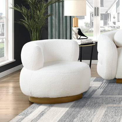 Luxurious Living Room Round Chair with Swivel Motion Soft White Fabric Upholstered Gold Accent Solid Wood Furniture 1pc