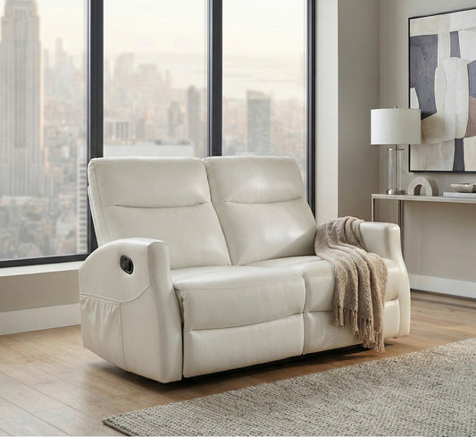 Contemporary Beige Double Reclining Loveseat with Side Pocket 1pc Faux Leather Upholstery Plywood Living Room Furniture