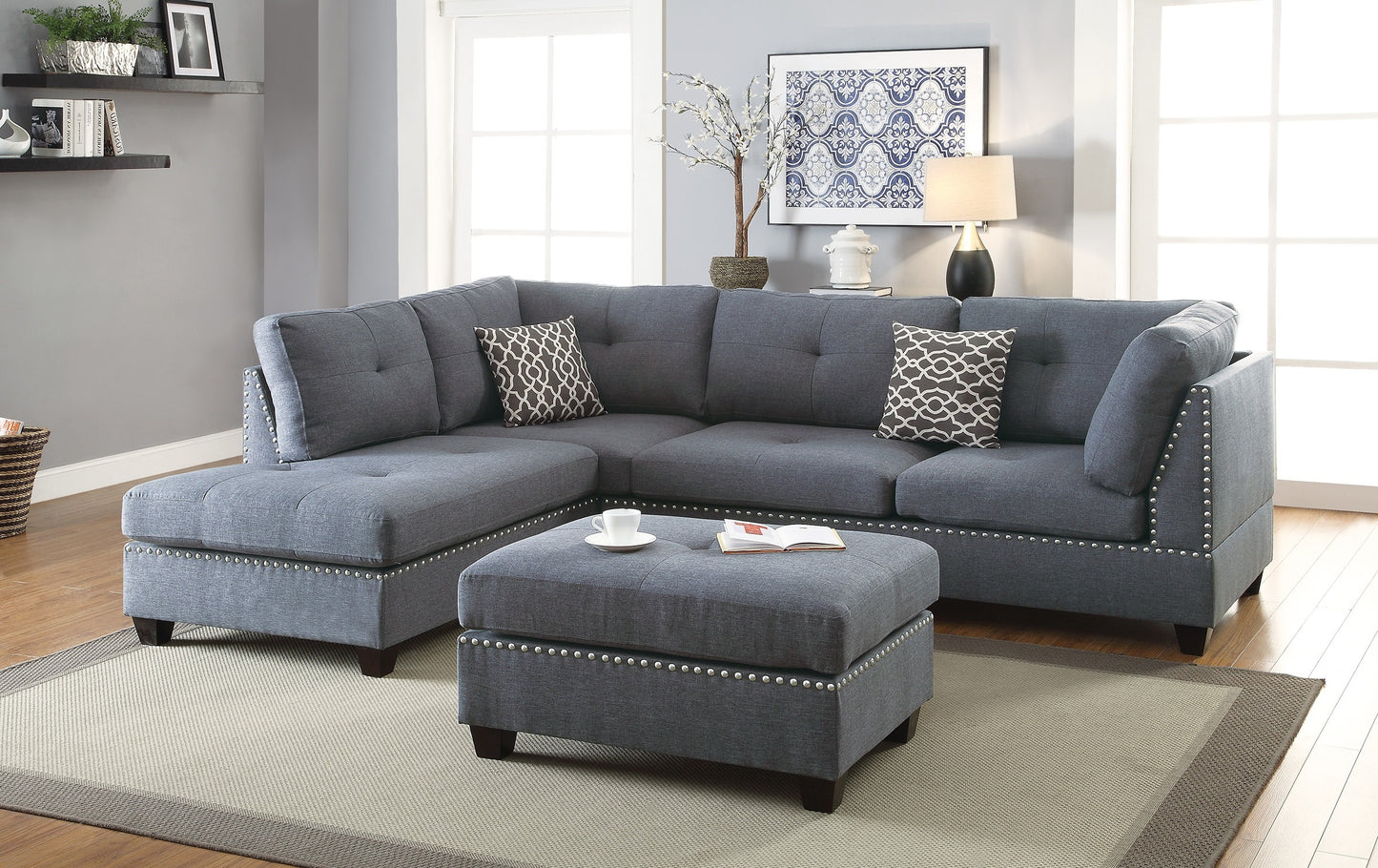 3-Piece L-Shaped Sectional Sofa - Light Grey-Blue