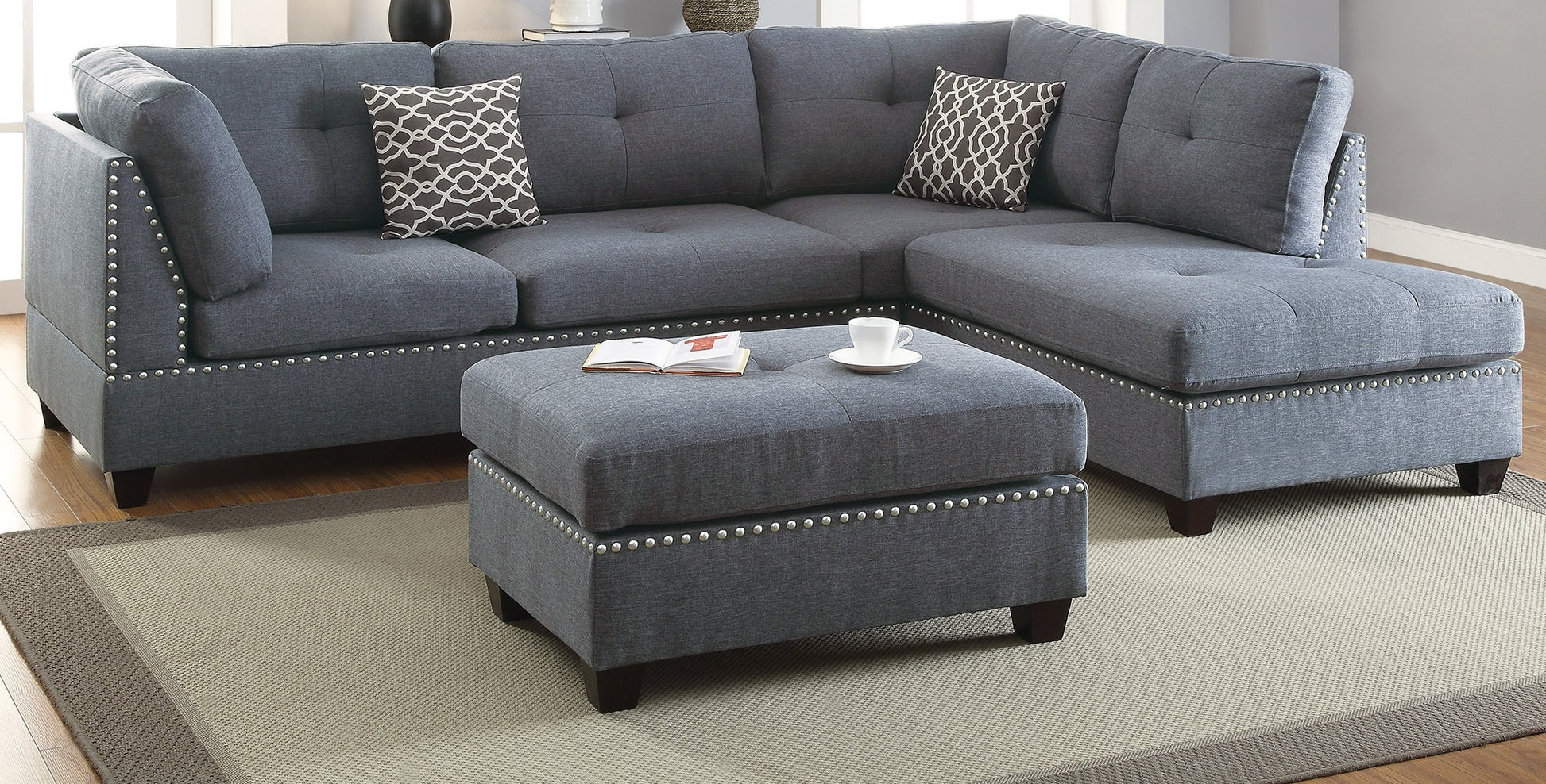 3-Piece L-Shaped Sectional Sofa - Light Grey-Blue