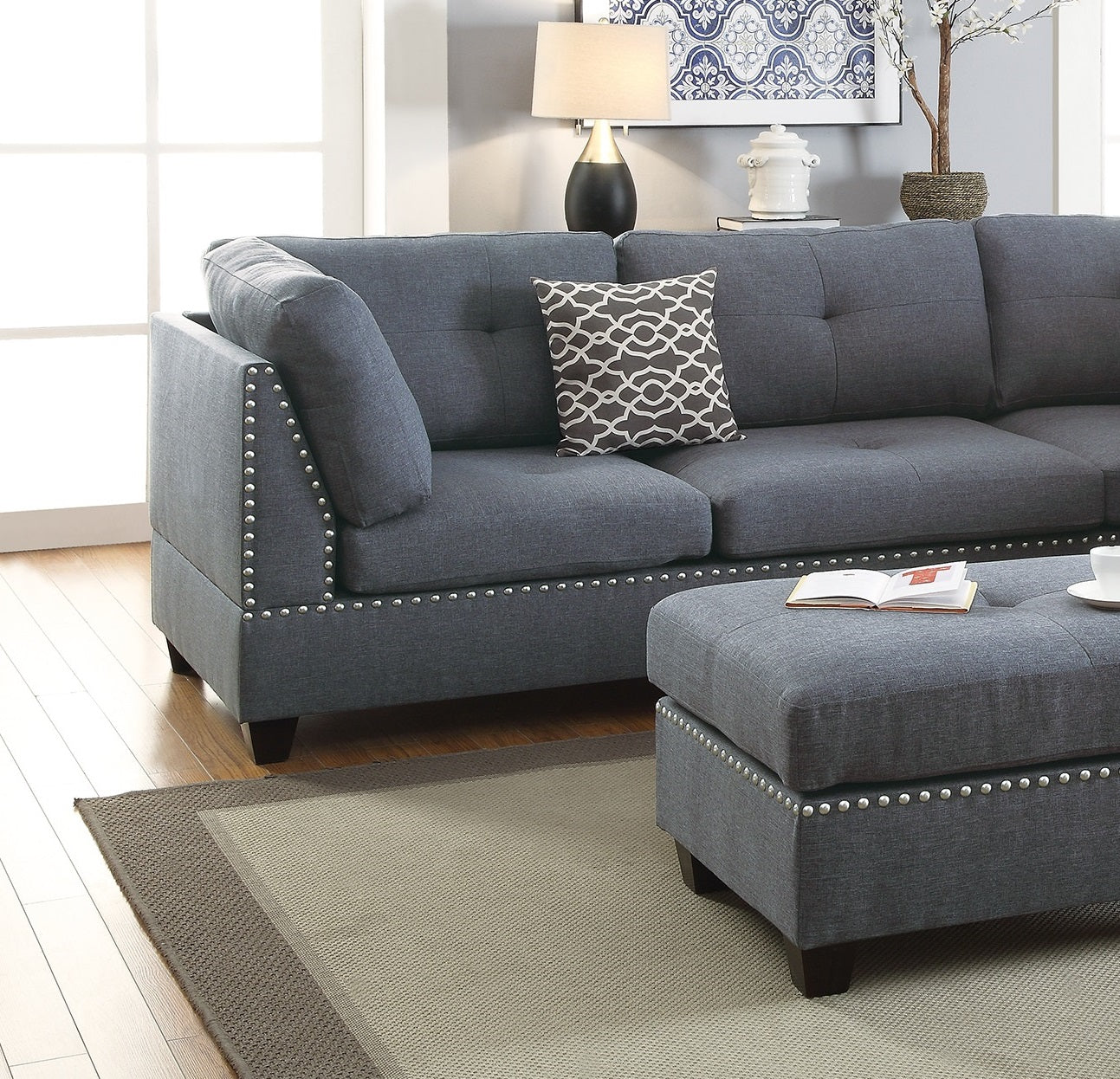 3-Piece L-Shaped Sectional Sofa - Light Grey-Blue