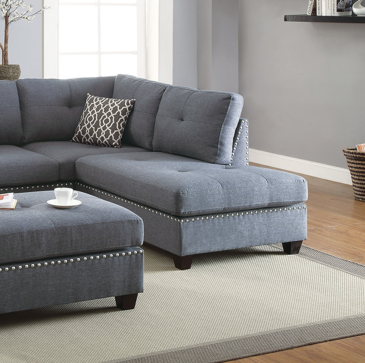 3-Piece L-Shaped Sectional Sofa - Light Grey-Blue