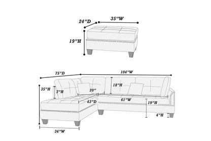 3-Piece L-Shaped Sectional Sofa - Light Grey-Blue
