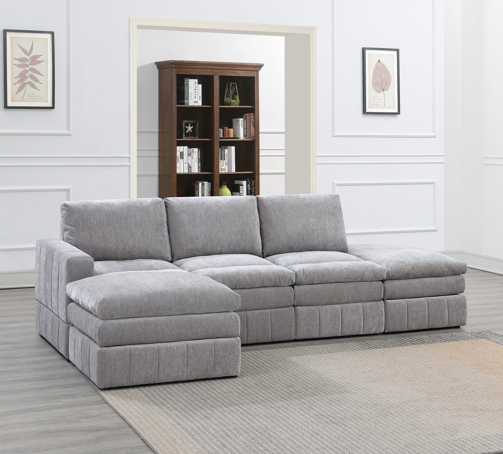 Contemporary 5pc Set Modular Sectional Set 1x One Arm Chair / Wedge 2x Armless Chair 2x Ottoman Granite Color Morgan Fabric Plush Living Room Furniture