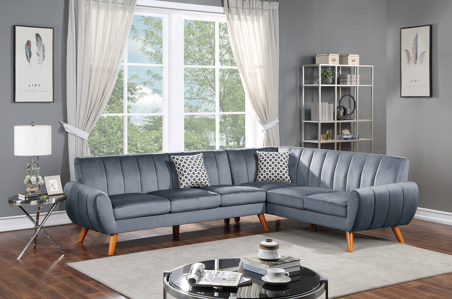 Contemporary 2-Pcs Sectional Set Living Room Furniture Dark Gray Velvet Couch Left Facing Sofa, Right Facing Loveseat Wedge Plush Cushion