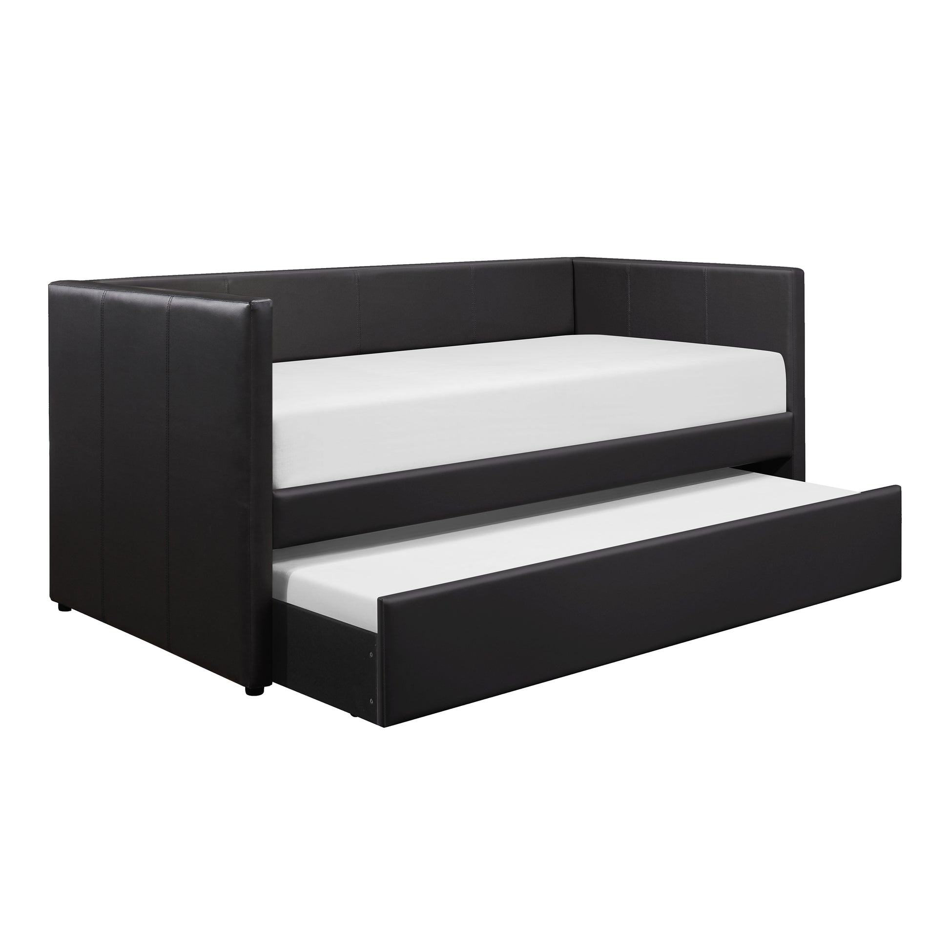 Black Faux Leather Upholstered Contemporary Daybed with Trundle Wooden Furniture 1pc