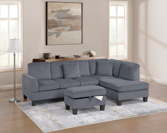 3pc Sectional Set RAF Chaise LAF Sofa Storage Ottoman Dark Gray Color Corduroy Couch Pillows Modern Living Room