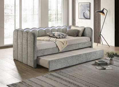 Luxurious 1pc Scalloped Silhouette Integrated Led Lighting Beautifully Upholstered Pull-out Trundle Light Gray Bedroom Living Room Furniture