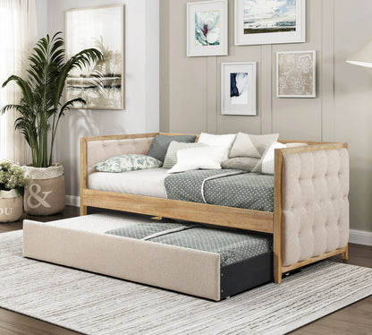 1pc Modern Daybed with Pull-out Trundle Beige Boucle Tufted Bedroom Living Room Transitional Style Furniture Natural Finish