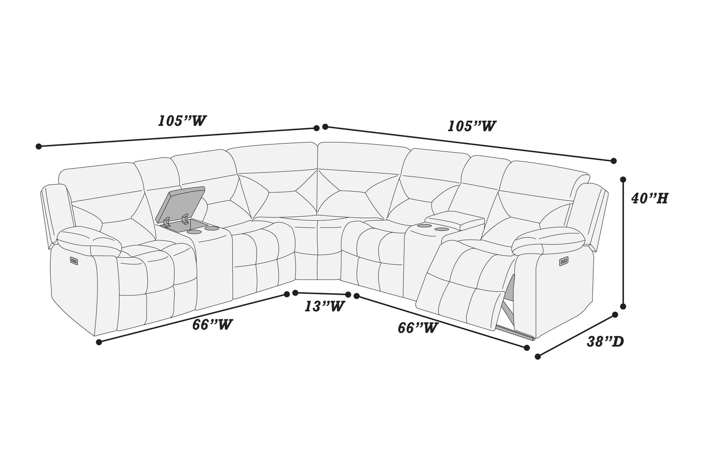 Dark Gray L-Shaped Reclining Sectional Set - 5 Seats for Living Room