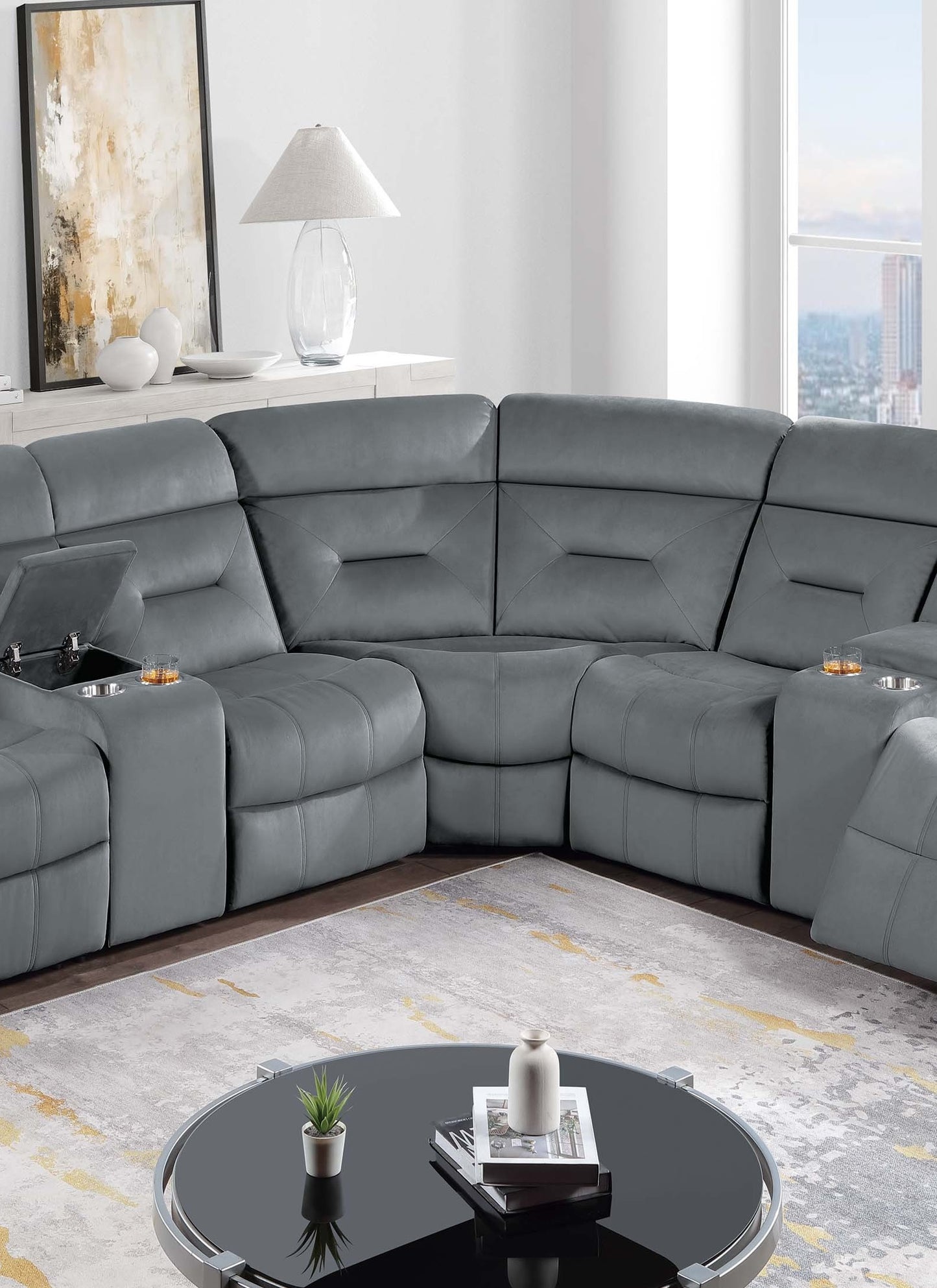 Dark Gray L-Shaped Reclining Sectional Set - 5 Seats for Living Room