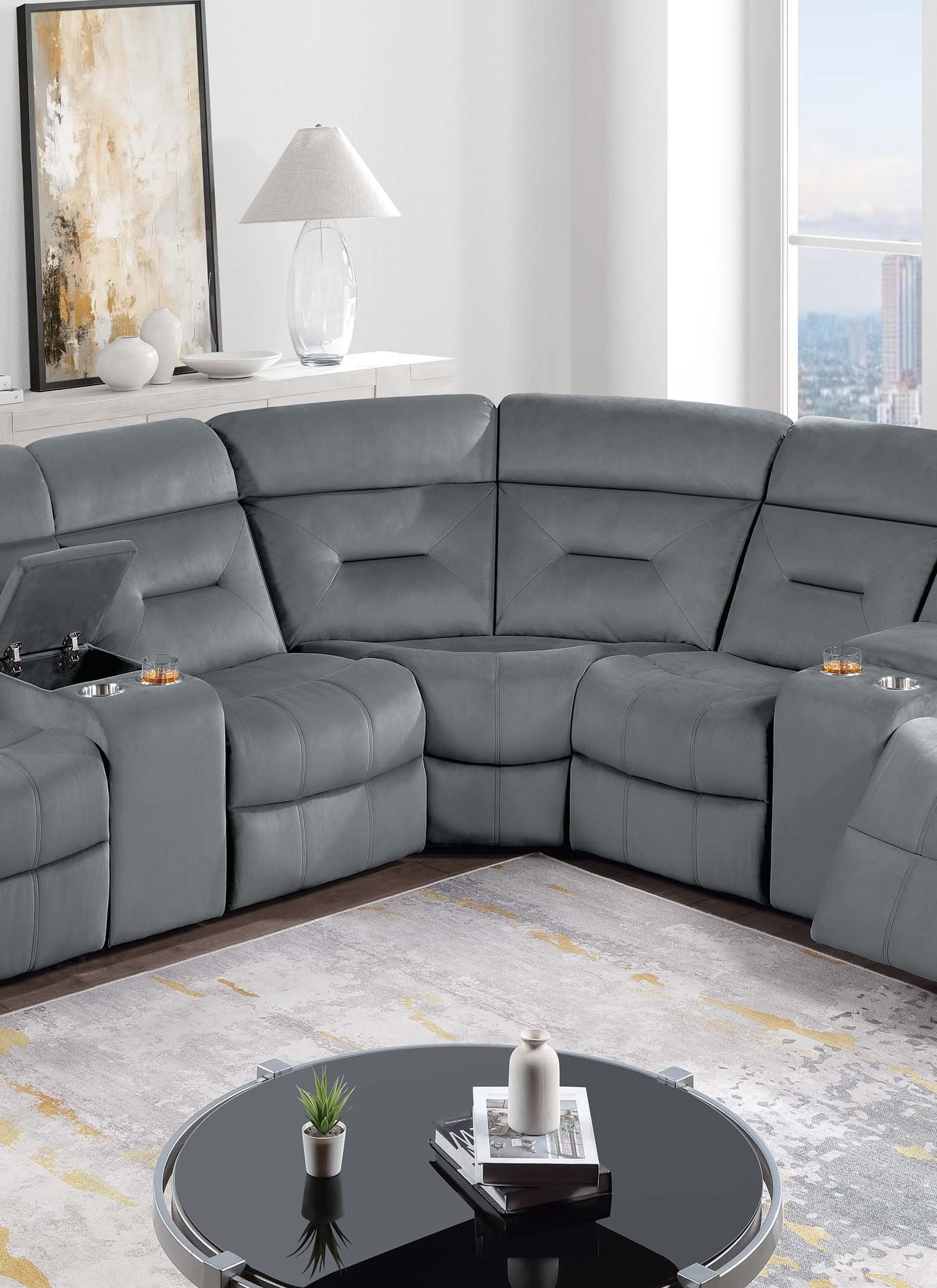Dark Gray L-Shaped Reclining Sectional Set - 5 Seats for Living Room