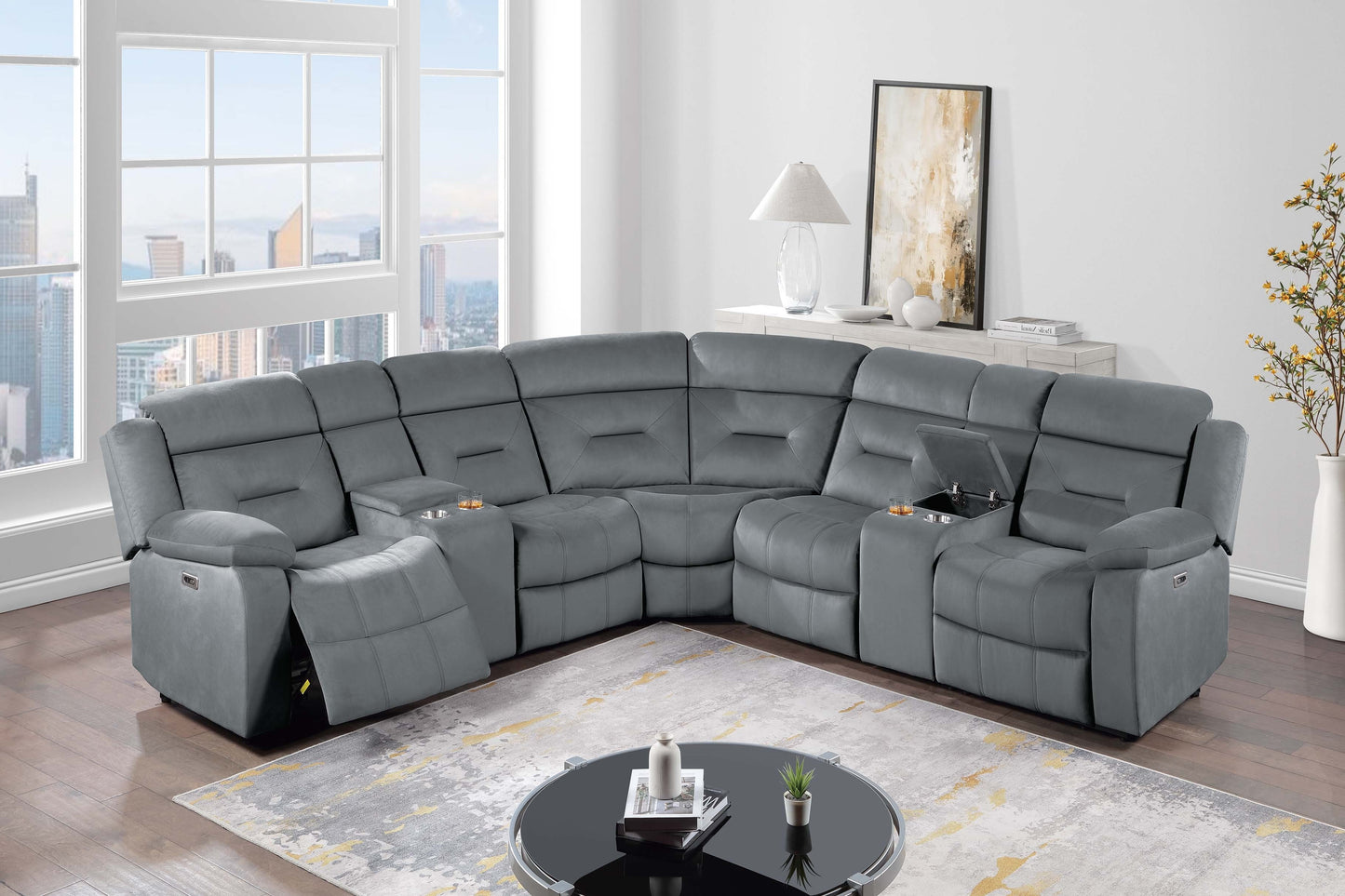 Dark Gray L-Shaped Reclining Sectional Set - 5 Seats for Living Room