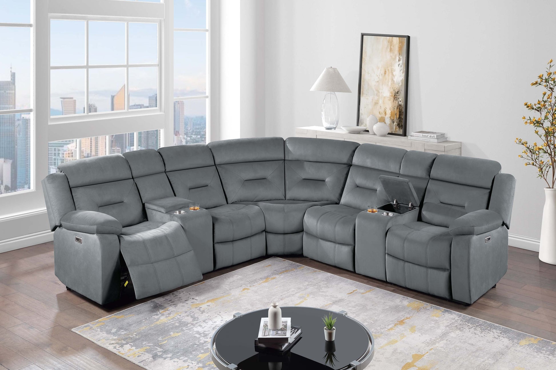 Dark Gray L-Shaped Reclining Sectional Set - 5 Seats for Living Room