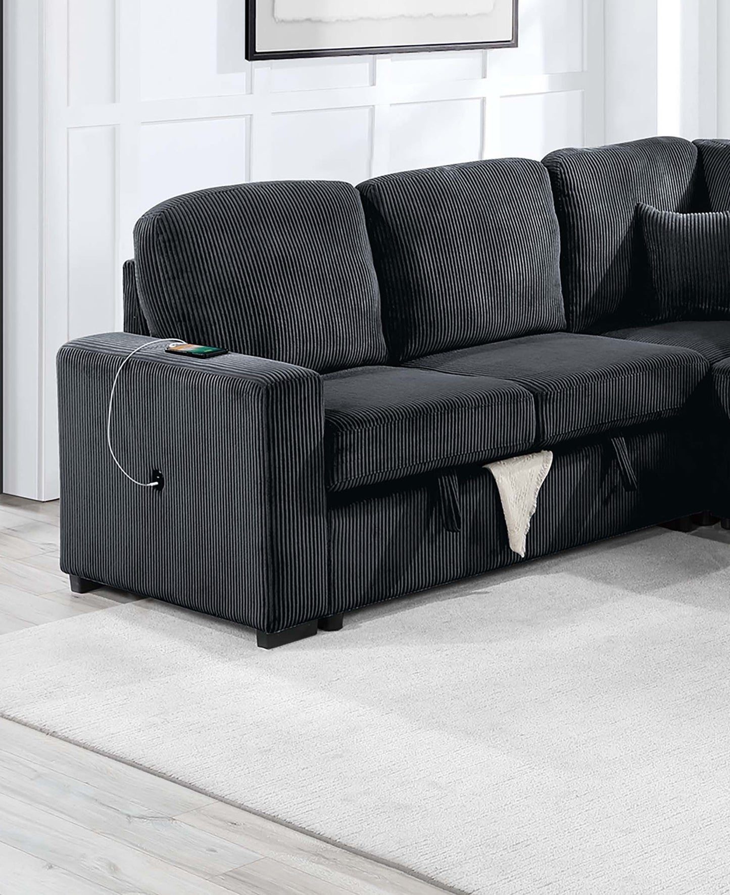 Modern 5-Seat Corduroy Sectional - Storage & USB Port for Living Room