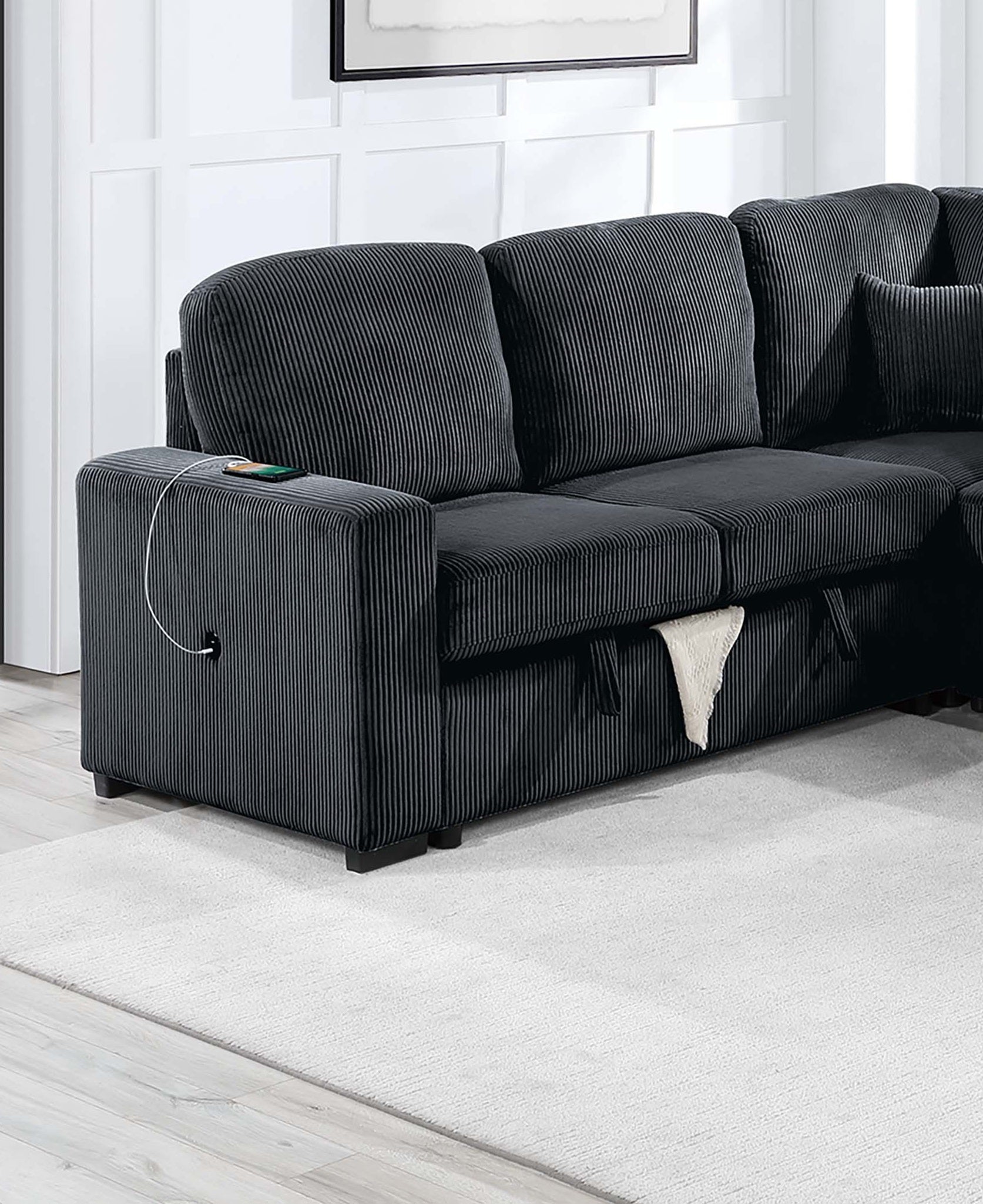 Modern 5-Seat Corduroy Sectional - Storage & USB Port for Living Room