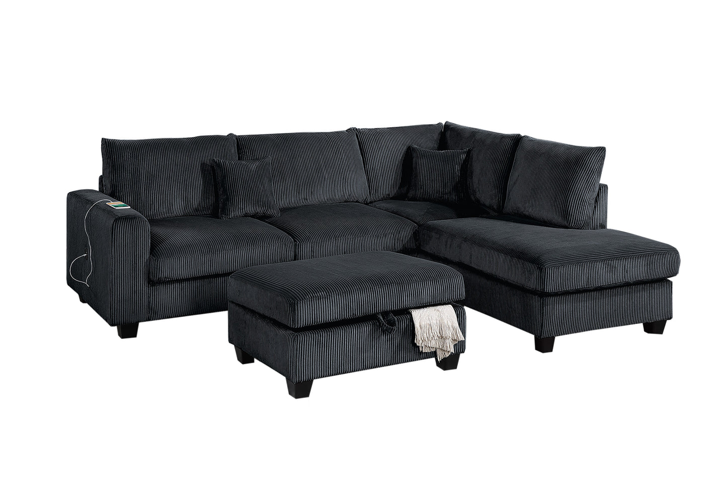 3pc Corduroy Sectional Set - Black Modern Sofa for Living Room