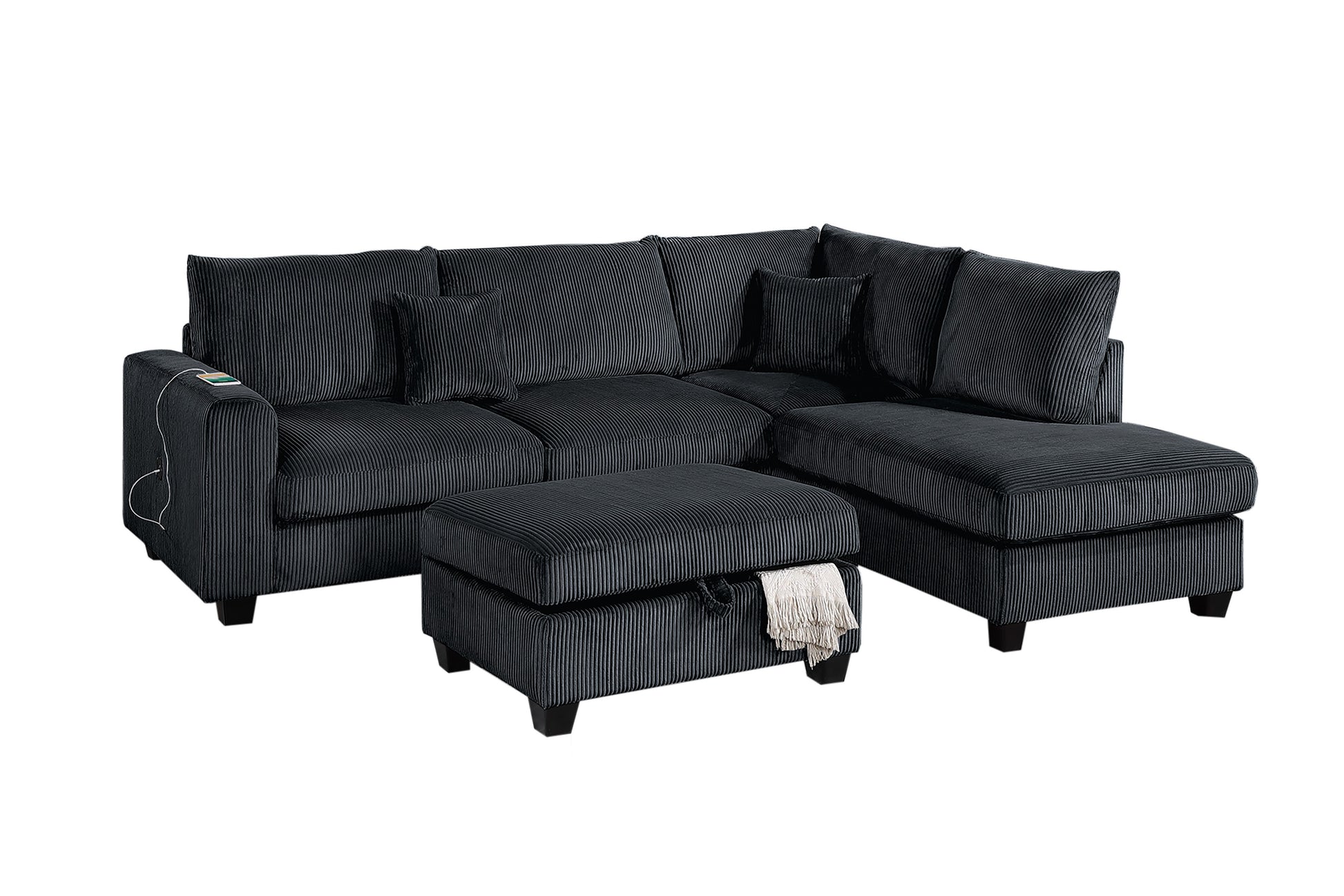 3pc Corduroy Sectional Set - Black Modern Sofa for Living Room