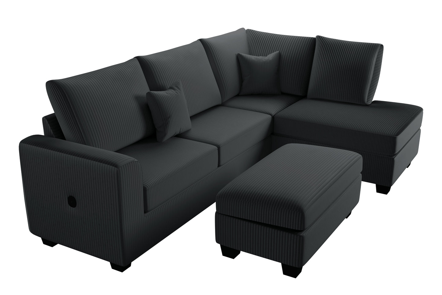 3pc Corduroy Sectional Set - Black Modern Sofa for Living Room
