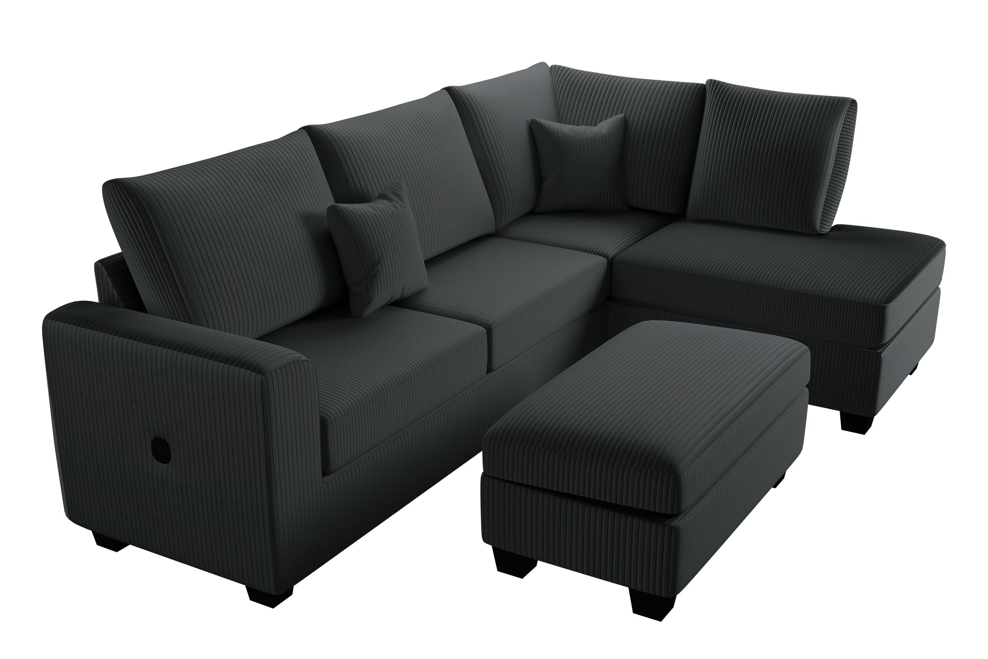 3pc Corduroy Sectional Set - Black Modern Sofa for Living Room