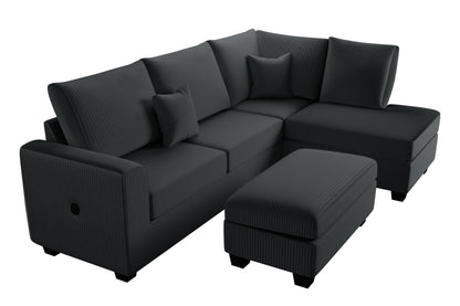 3pc Corduroy Sectional Set - Black Modern Sofa for Living Room