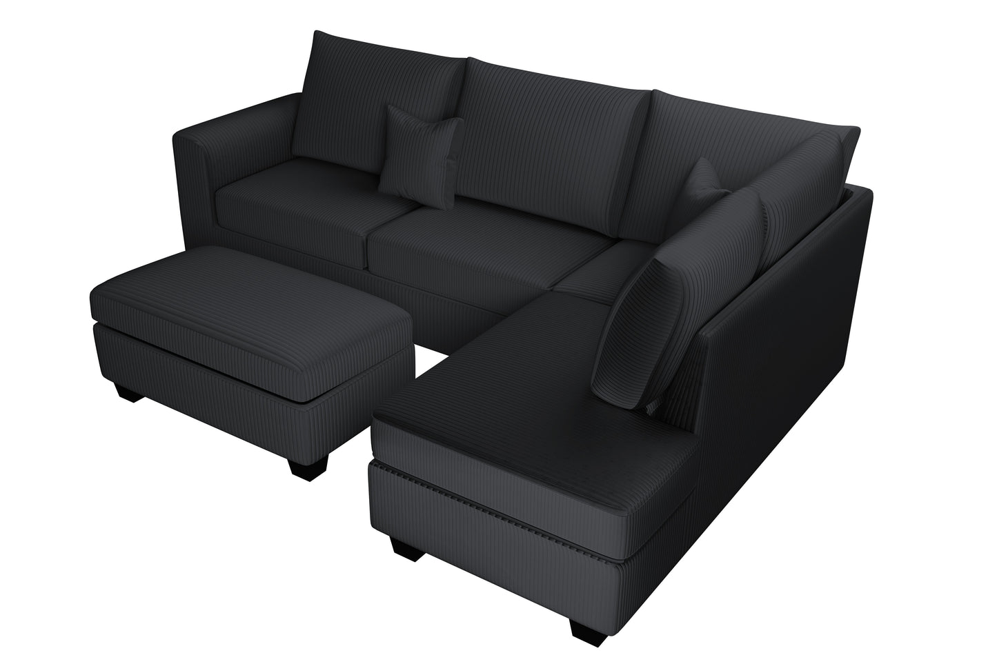 3pc Corduroy Sectional Set - Black Modern Sofa for Living Room