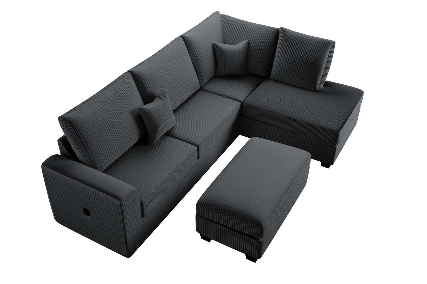 3pc Corduroy Sectional Set - Black Modern Sofa for Living Room
